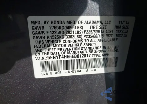 2014 Honda Pilot Ex-L из США, поврежденный, VIN 5FNYF4H56EB012817